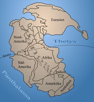 Erdzeitalter Erdzeitalter. Der Superkontinent Pangaea mit Kennzeichnung der späteren Kontinente.