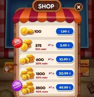 Anzeigetafel mit den vorhandenen Coins